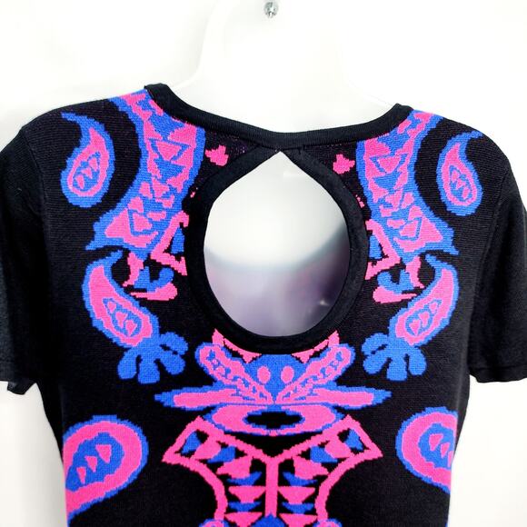 Allison Brittney Black & Pink Knit Short Sleeve Key Hole Cutout Back Sweater L - Picture 8 of 9
